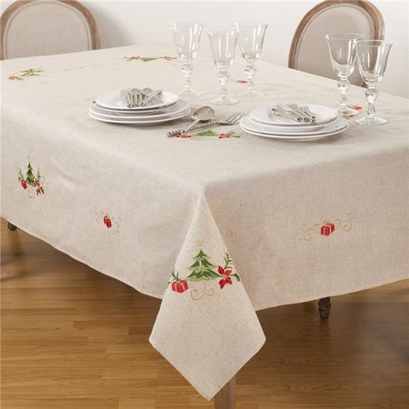 SARO LIFESTYLE SARO 1710.N67104B 67 x 104 in. Rectangle Embroidered Christmas Tree Design Holiday Linen Blend Tablecloth  Natural 1710.N67104B
